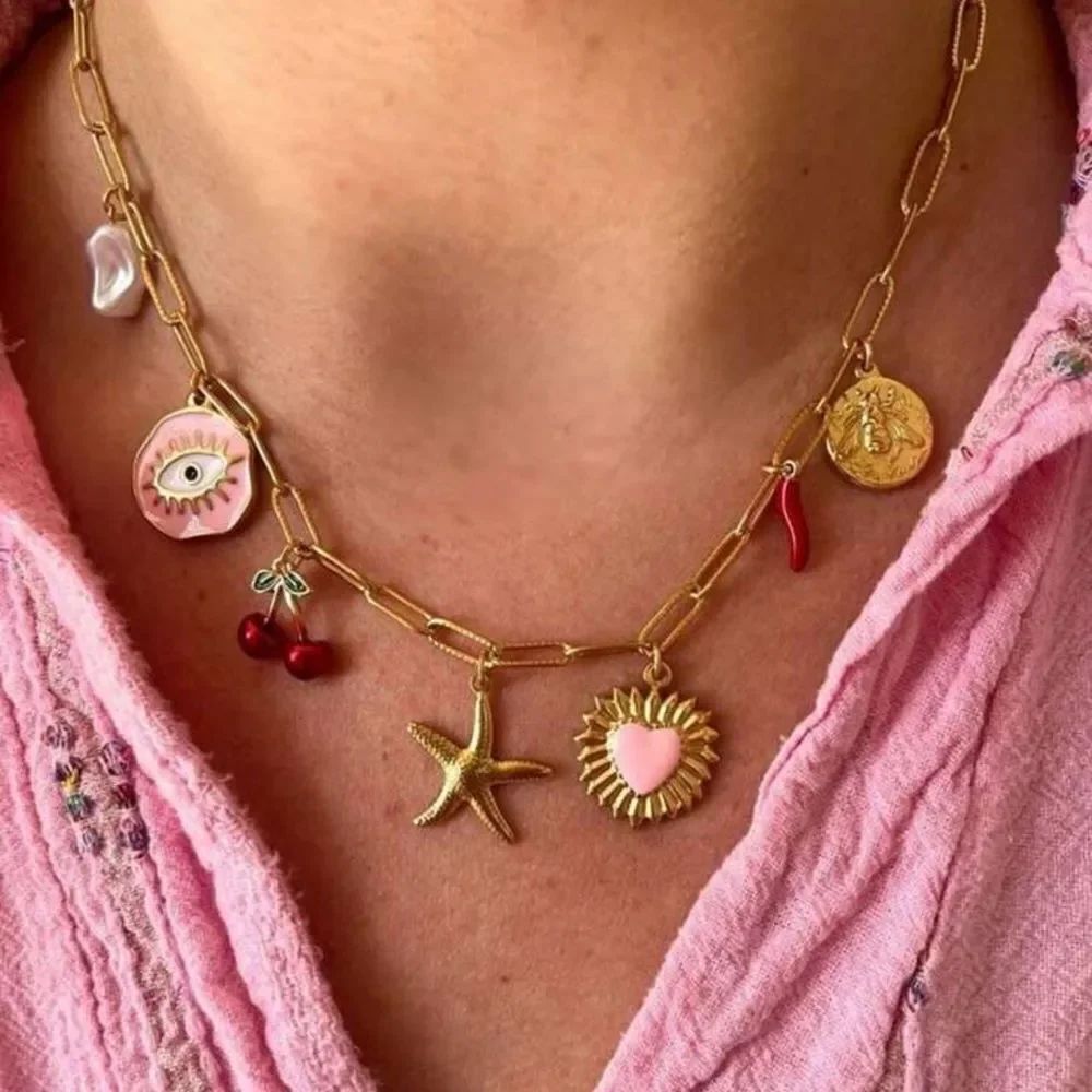 Gold Charm Necklace with Colorful Accents A1381